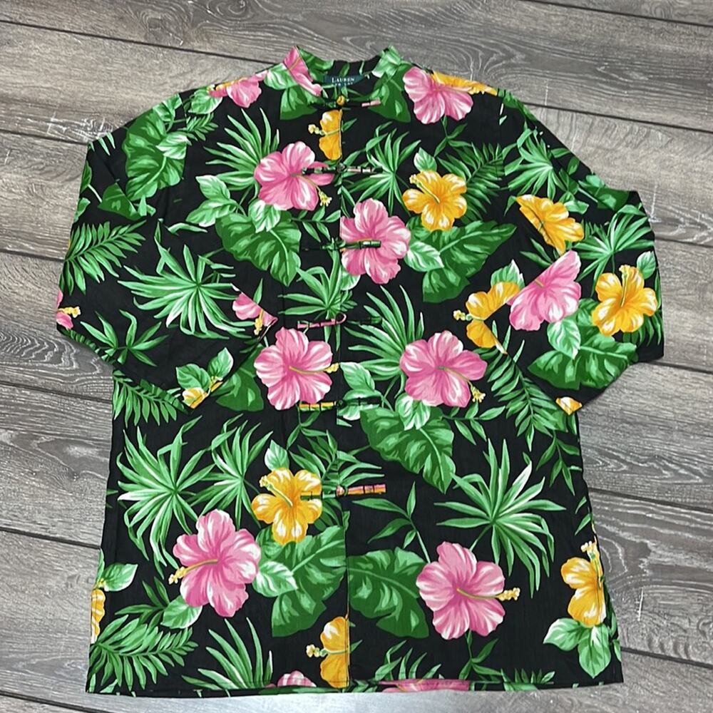 Lauren Ralph Lauren 100% Linen Tropical Sleeveless Frog Button Shirt Size Small - Picture 3 of 6